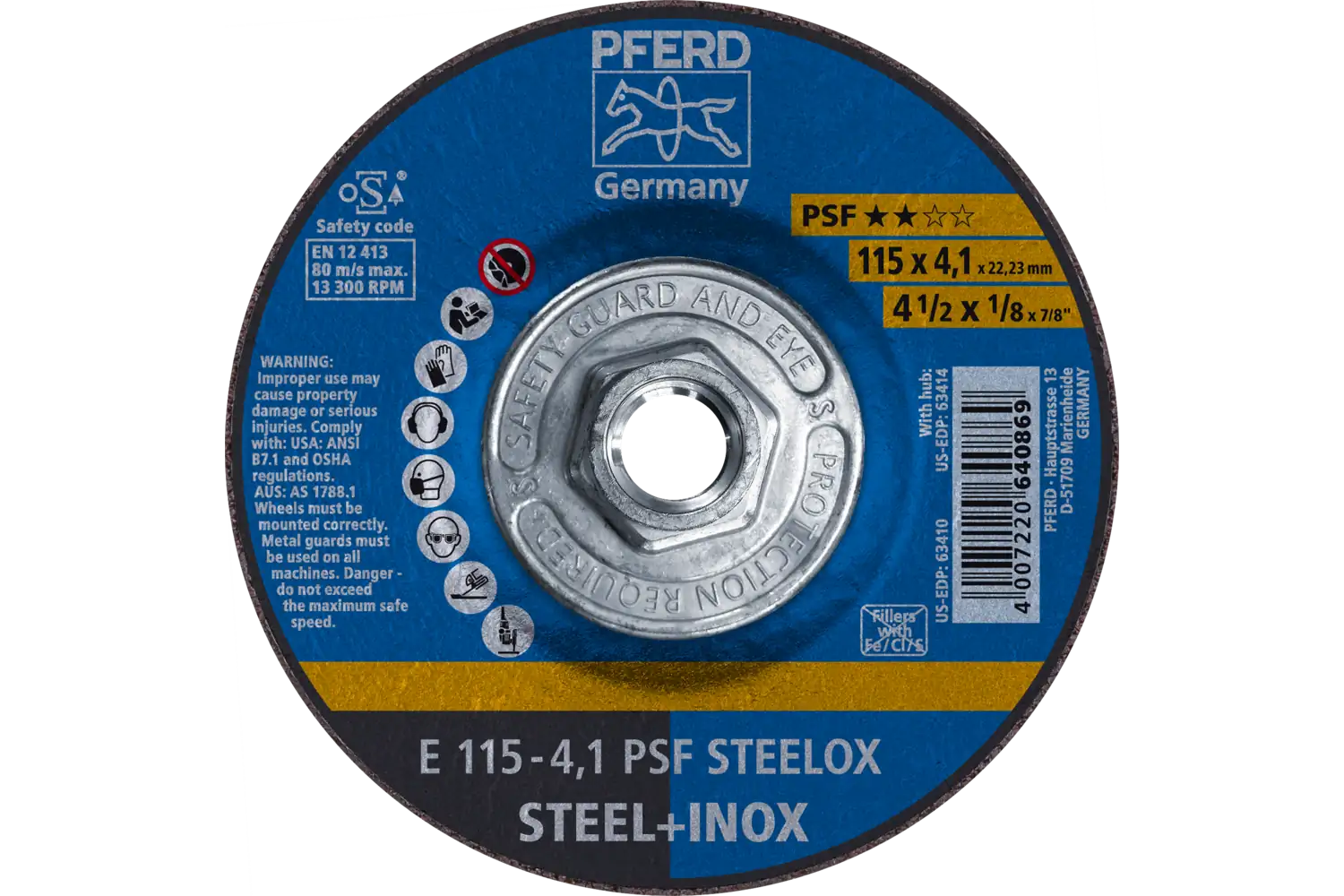 Grinding Wheel, 4-1/2″ x 1/8 x 5/8-11, PSF STEELOX, T27, Aluminum oxide: E 115-4,1 PSF STEELOX/H TMNA