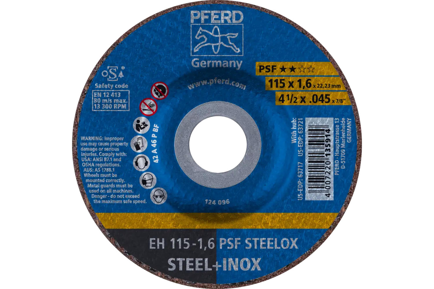 Cut-Off Wheel, 4-1/2″ x .045 x 7/8, PSF STEELOX, T27, Aluminum oxide: EH 115-1,6 PSF STEELOX TMNA