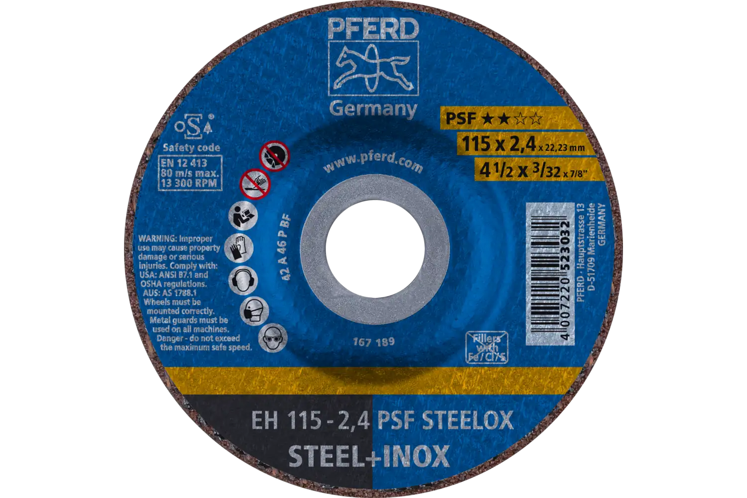 Cut-Off Wheel, 4-1/2″ x 3/32 x 7/8, PSF STEELOX, T27, Aluminum oxide: EH 115-2,4 PSF STEELOX