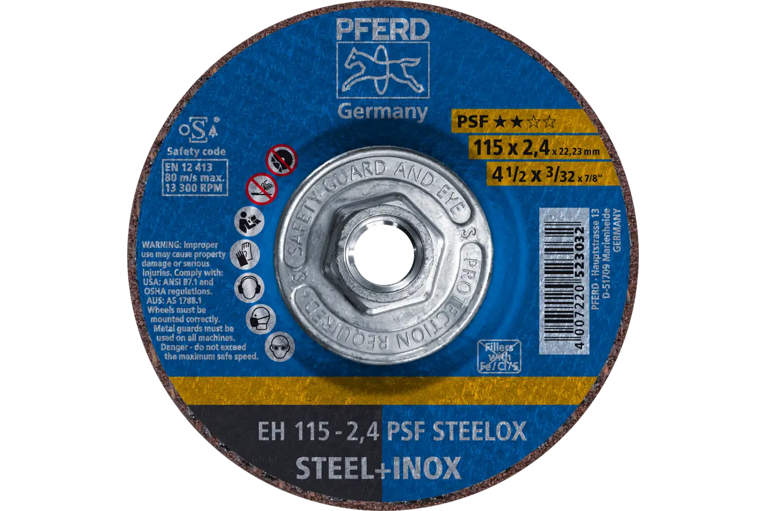 Cut-Off Wheel, 4-1/2″ x 3/32 x 5/8-11, PSF STEELOX, T27, Aluminum oxide: EH 115-2,4 PSF STEELOX/H TMNA