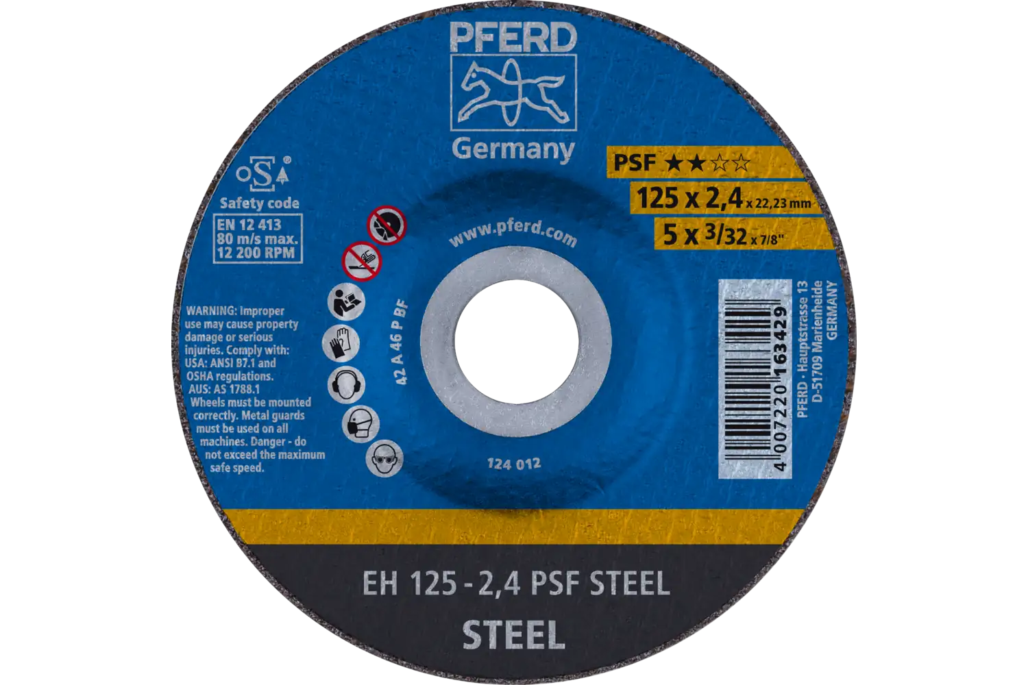 Cut-Off Wheel, 5″ x 3/32 x 7/8, PSF STEEL, T27, Aluminum oxide: EH 125-2,4 PSF STEEL