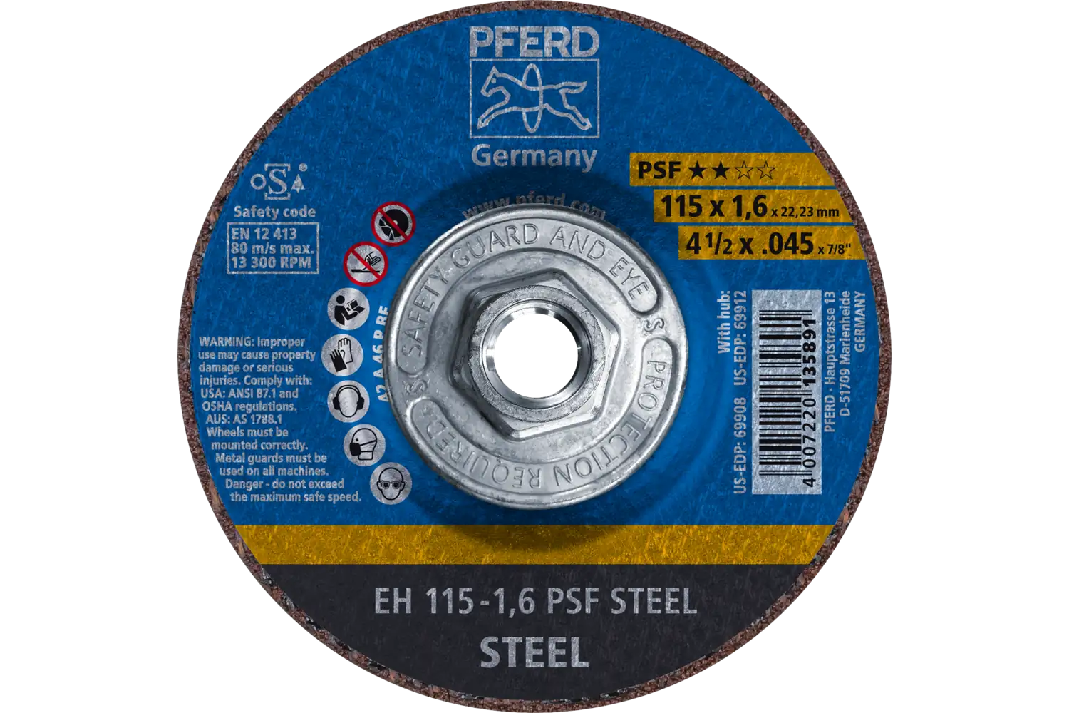PFERD Cut-Off Wheel, 4-1/2″ x .045 x 5/8-11, PSF STEEL, T27, Aluminum oxide: EH 115-1,6 PSF STEEL/H TMNA