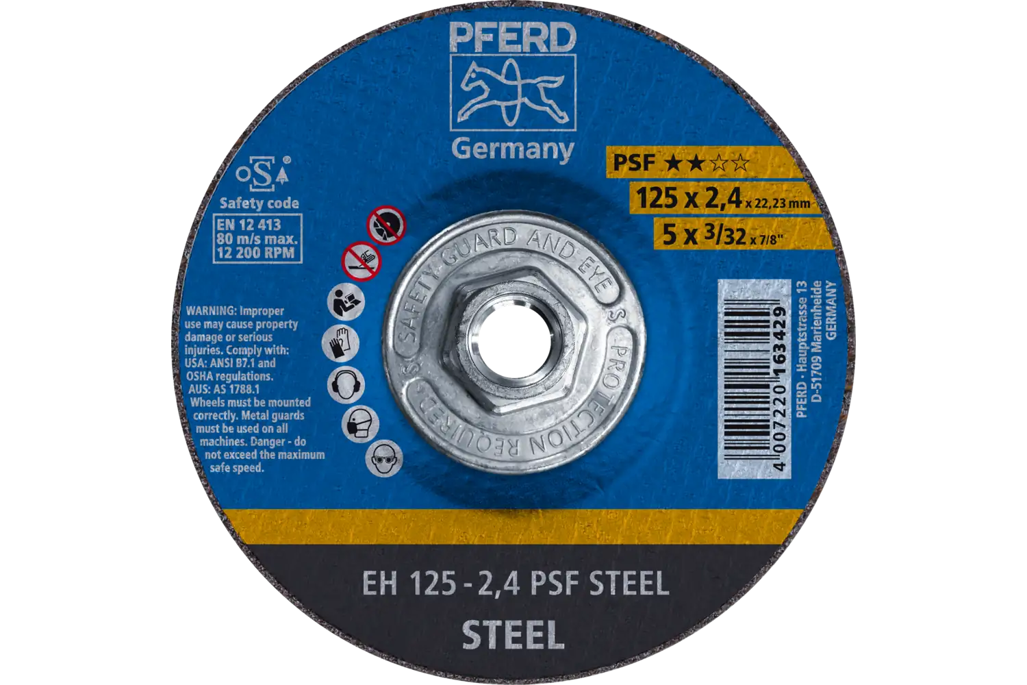 Cut-Off Wheel, 5″ x 3/32 x 5/8-11, PSF STEEL, T27, Aluminum oxide: EH 125-2,4 PSF STEEL/H TMNA
