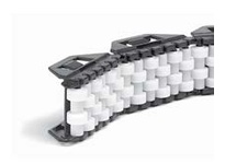 Rexnord 581-603322 roller side guide for cable-chain conveyor systems, 46 mm width, white polyethylene construction, 40x8 mm dimensions. Designed for
