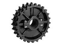 Rexnord 614-76-2 NS820-21T thermoplastic split sprocket with 21 teeth and 1.5" bore, keyway, setscrew, and 2 guide rings. Designed for NS820 series ch