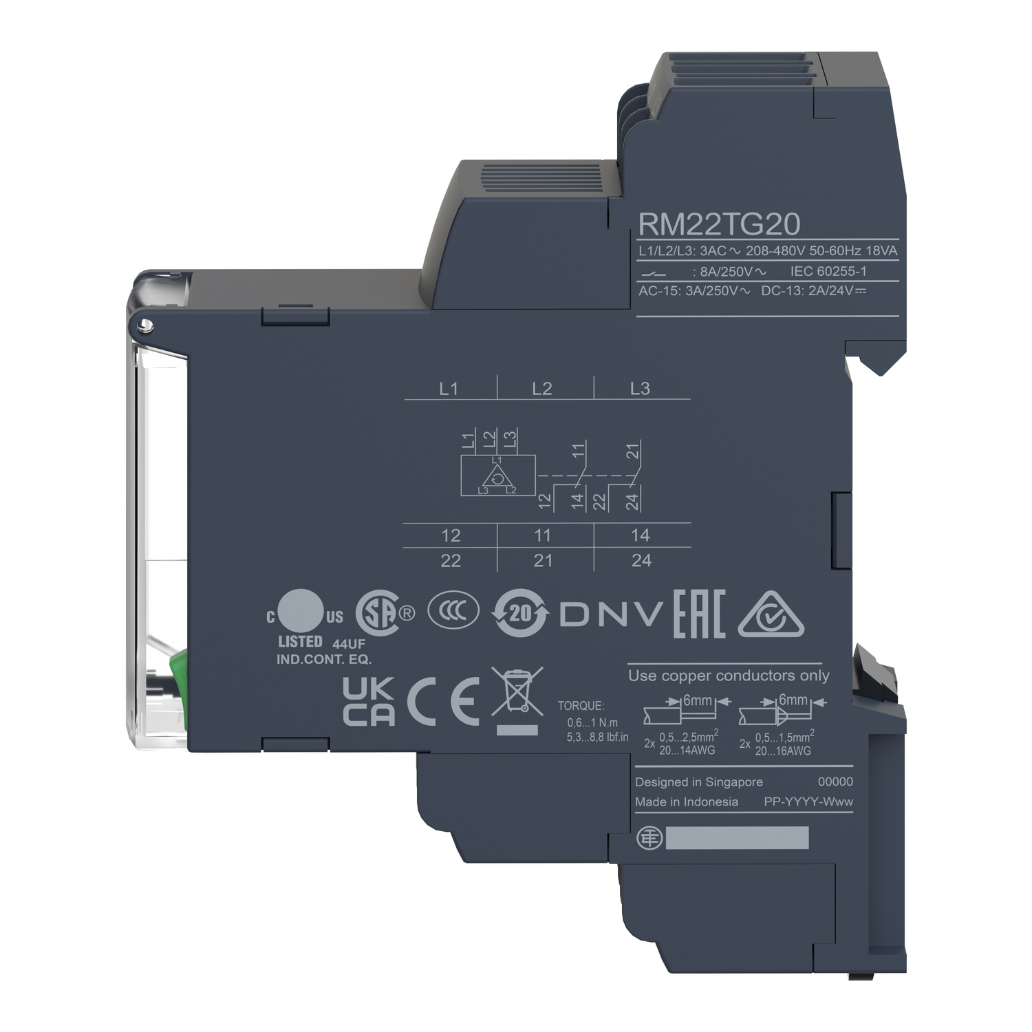 RM22TG20 - Harmony, Modular 3-phase supply control relay, 8A, 2 CO, 183…528VAC