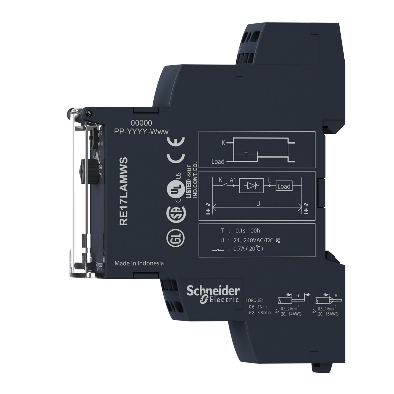 RE17LAMWS - single function relay, Harmony Timer Relays, 0.7A, 1CO, 1s..100h, on delay, solid state output, spring terminals, 24..240V AC DC