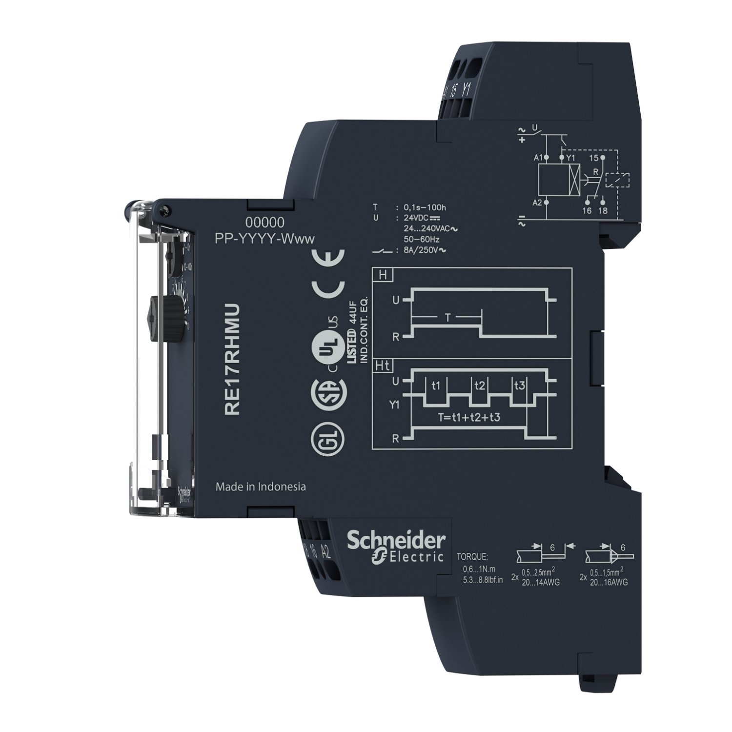 Schneider Electric RE17RHMUS - Harmony, Modular timing relay, 8 A, 1 CO, 1 s..100 h, on delay, spring terminals, 24 V DC / 24...240 V AC/DC