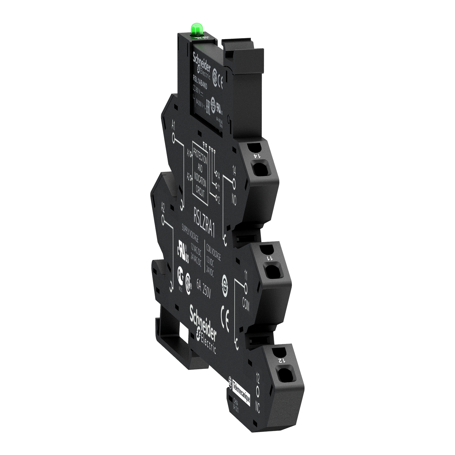 RSL1PRBU - slim interface relay, Harmony Electromechanical Relays,  pre assembled, 6A, 1CO, with LED, spring terminals, 24V AC/DC