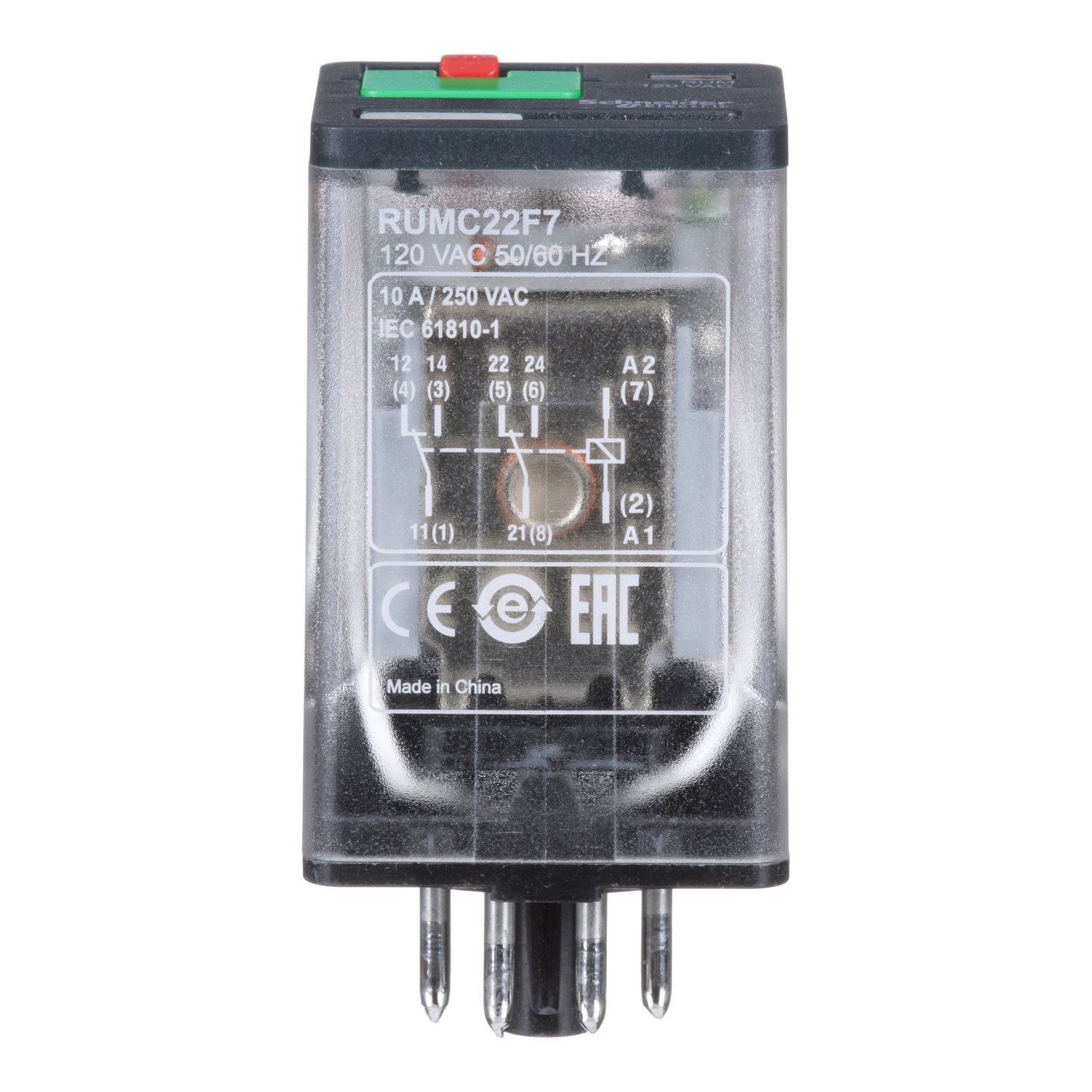 RUMC22F7 - Harmony RUM, universal plugin relay, 2 C/O, octal base, 10 A, 120 VAC, with LED
