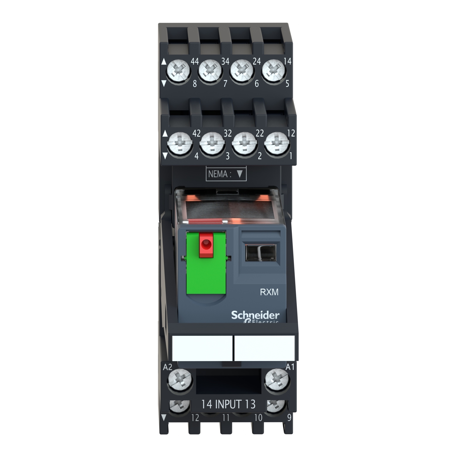 RXM4AB2P7PVM - miniature plug in relay pre assembled, Harmony Electromechanical Relays, 6A, 4CO, with LED, lockable test but to n, mixed terminals socket, 230V AC