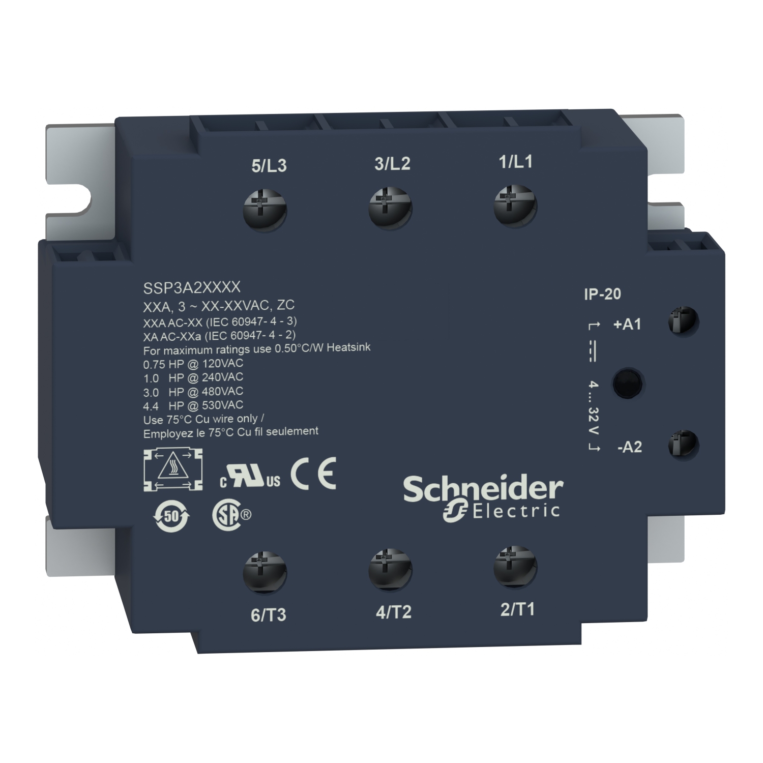 SSP3A225BD - three phase relay, Harmony Solid State Relays, 25A, panel mount, zero voltage switching, input 4 to 32V DC, output 48 to 530V AC