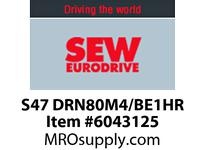 SEW-Eurodrive S47 DRN80M4/BE1HR helical-worm gearmotor with BE1HR brake and manual release. Features a DRN80M4 IE3 AC motor, 4-pole design, and compac