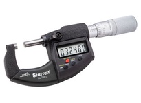 Starrett SW733.1BXFLZ electronic micrometer set covering 1-6" range with 0.0001" resolution. Includes six micrometers with flat anvils, ratchet thimbl
