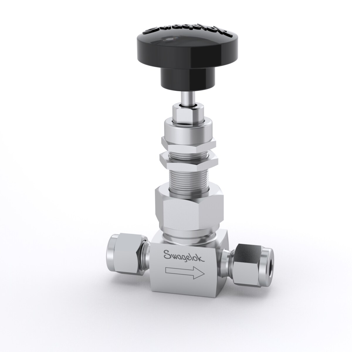 Stainless Steel Severe Service Union Bonnet Needle Valve, 0.35 Cv, 1/4 in. Tube Fitting, Ball Stem, Black Knob Handle, G