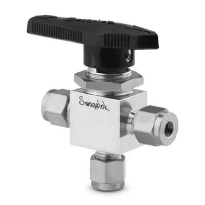 Stainless Steel 1-Piece 40G Series 3-Way Ball Valve, 0.15 Cv, 1/8 in. Swagelok Tube Fitting, No Lube, SC-11 Cleaned