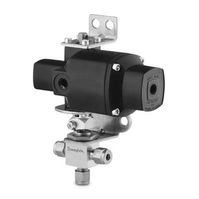 Stainless Steel 1-Piece 40G Series 3-Way Ball Valve, 0.35 Cv, 1/4 in. Swagelok Tube Fitting, 180° Spring Return Actuator