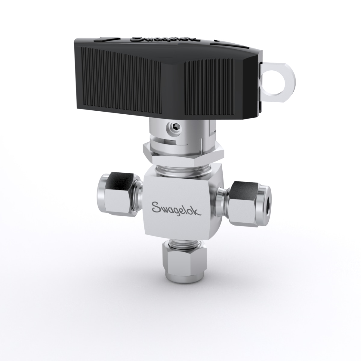 Stainless Steel 1-Piece 40G Series 3-Way Ball Valve, 0.90 Cv, 1/4 in. Swagelok Tube Fitting, Latch Lock Handle