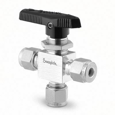 Stainless Steel 1-Piece 40 Series 3-Way Ball Valve, 4.6 Cv, 12 mm Swagelok Tube Fitting