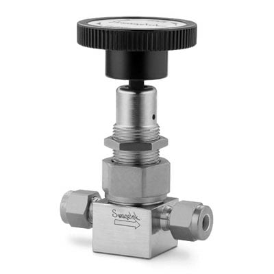 Swagelok Stainless Steel Bellows Sealed Valve, Gasketed, Regulating Stem Tip, 1/4 in. Swagelok Tube Fitting, Round Handle