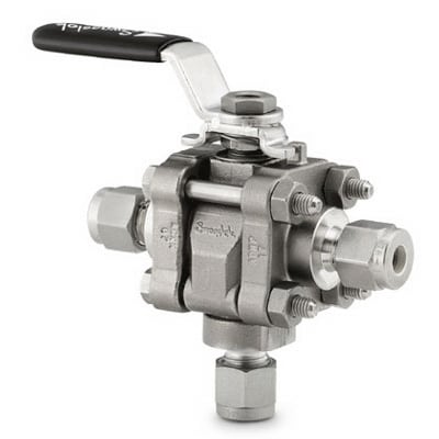 Stainless Steel 3-Piece 60 Series 3-Way Ball Valve, Reinforced PTFE Seats, 1/4 in. Swagelok Tube Fitting