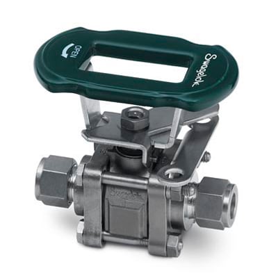 Swagelok Stainless Steel 3-Piece 60 Series Ball Valve, Reinforced PTFE Seats, 1/2 in. Swagelok Tube Fitting, Locking Oval Handle