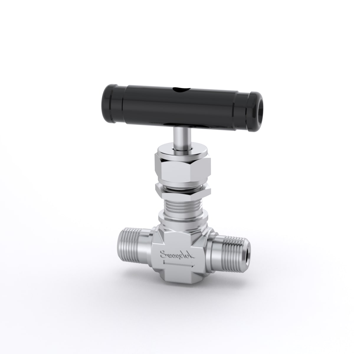 Stainless Steel Integral Bonnet Needle Valve, 0.09 Cv, 1/8 in. MNPT, Vee Stem, Black Aluminum Bar Handle