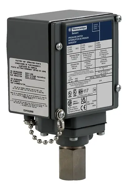 Telemecanique 9012GCW21 — Pressure switch 9012G, adjustable scale, 2 thresholds, 20 to 1000 PSIG