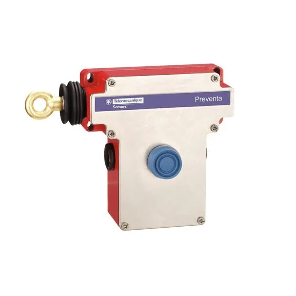 Telemecanique XY2CE2A250H7 — Latching emergency stop rope pull switch, Telemecanique rope pull switches XY2C, e XY2CE, LH side -1NC+1 NO, booted pushbutton