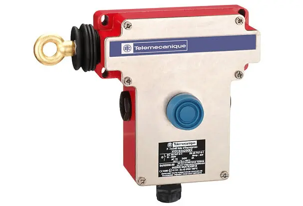 Telemecanique XY2CE2A270EX — Latching emergency stop trip wire switch, Telemecanique Emergency stop rope pull switches XY2C, rope pull e XY2CE, LH side -2NC, booted pushbutton