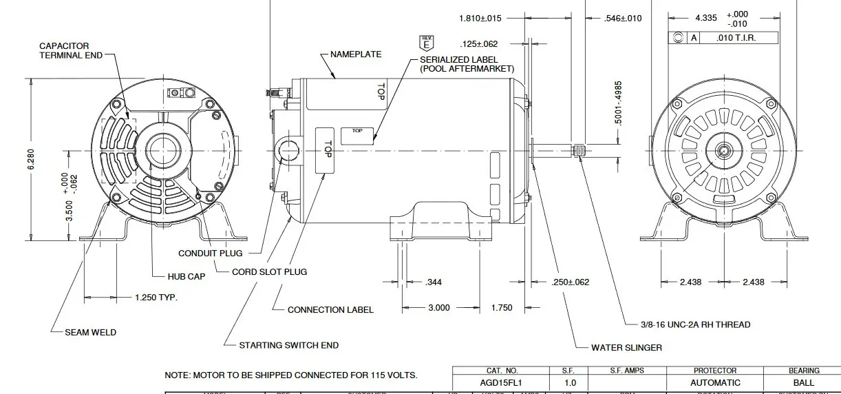 AGD15FL1 US Motors 1.5 hp 3450 RPM 48 Frame 115/230V Thru-Bolt Pool-Spa Motor