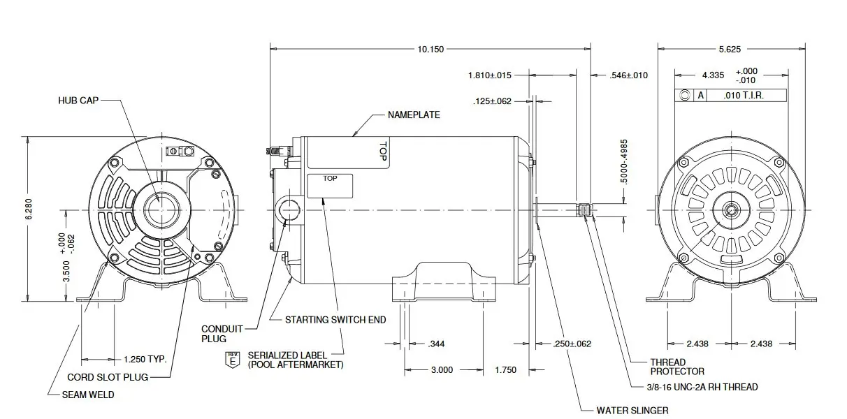 AGH75FL1 US Motors 3/4 hp 3450 RPM 48 Frame 230V Thru-Bolt Pool-Spa Motor