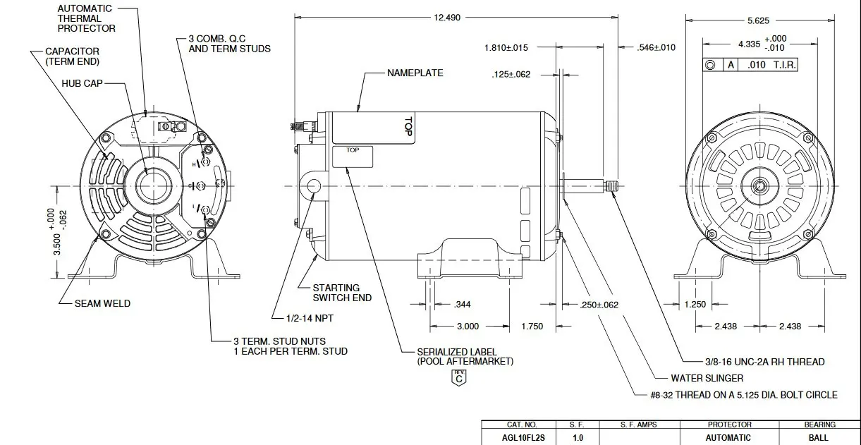 AGL10FL2 US Motors 1 hp 3450/1725 RPM 48 Frame 115V Thru-Bolt Pool-Spa Motor