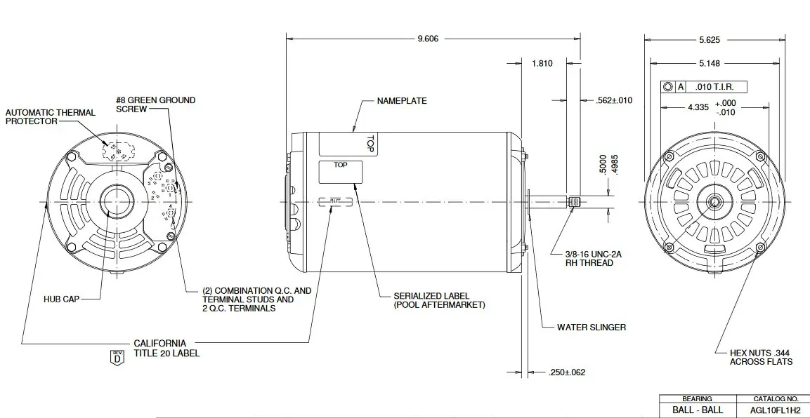 AGL15FL1H2 US Motors 1 hp 3450 RPM 48 Frame 115V Thru-Bolt Pool-Spa Motor (Hofinger Replacement)