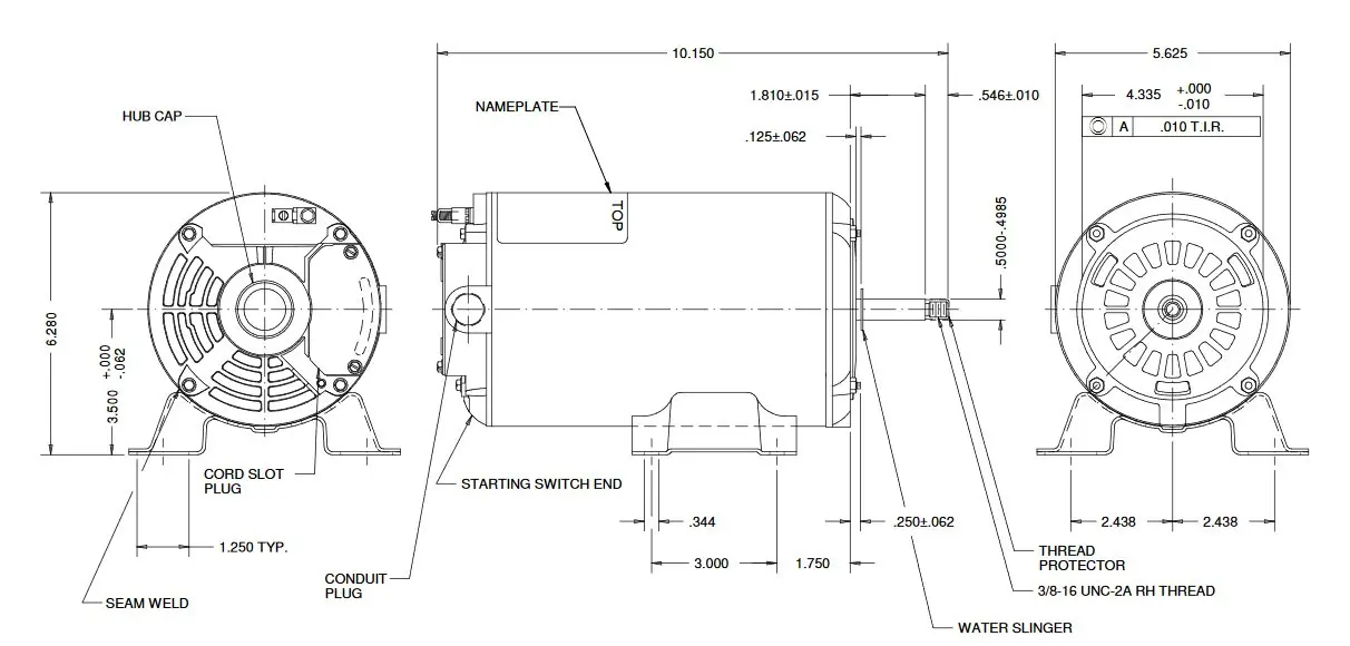 AGL50FL1 US Motors 1/2 hp 3450 RPM 48 Frame 115V Thru-Bolt Pool-Spa Motor