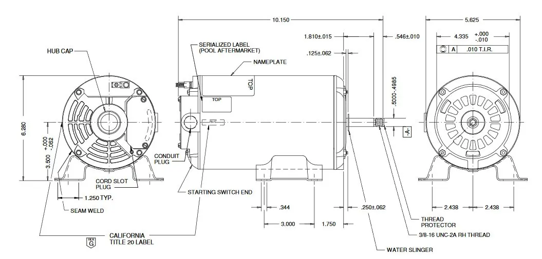 AGL75FL1 US Motors 3/4 hp 3450 RPM 48 Frame 115V Thru-Bolt Pool-Spa Motor