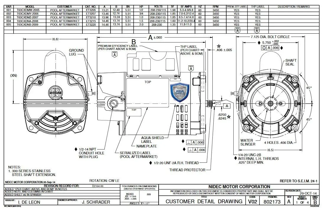 ET3207 US Motors 3/4 hp ODP 3450 RPM 56Y 115/208-230V Hayward Replacement Pool Pump Motor