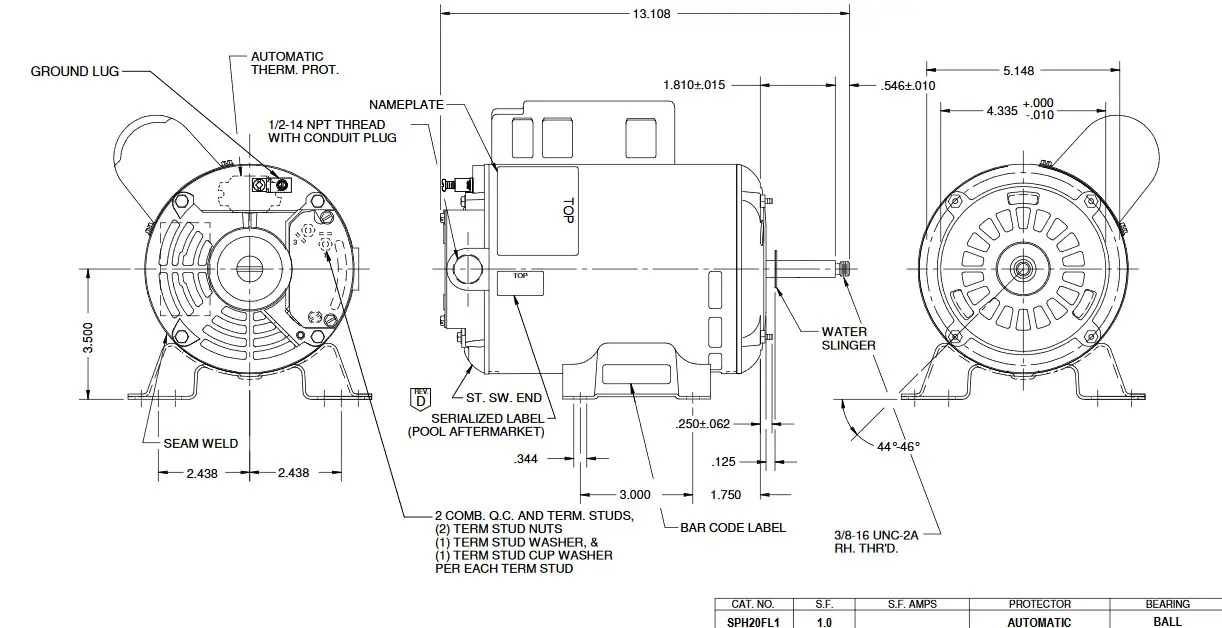 SPH20FL1 US Motors 2 hp 3450 RPM 48 Frame 230V Thru-Bolt Pool-Spa Motor