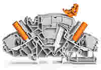 2-conductor disconnect/test terminal block; e.g., current transformer circuits; with receptacle for adjacent jumper with switch lever; for 4 mm Ø test plugs; for DIN-rail 35 x 15 and 35 x 7.5; 6 mm²; Push-in CAGE CLAMP®; 6,00 mm²; gray