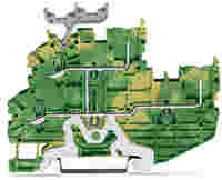 WAGO X-COM S-Mini ground double-deck carrier/feedthrough terminal block; internally commoned (PE); rail mount; 2-conductor, 2-pin; 3.5 mm wide; green-yellow