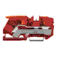 WAGO 2-conductor through terminal block; with lever and push-button; 10 mm²; with test port; side and center marking; for DIN-rail 35 x 15 and 35 x 7.5; Push-in CAGE CLAMP®; 10,00 mm²; red