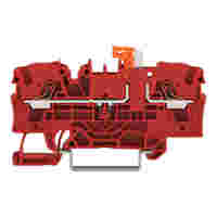 2-conductor disconnect terminal block; with pivoting knife disconnect; with test option; orange disconnect link; with push-button; for DIN-rail 35 x 15 and 35 x 7.5; 4 mm²; Push-in CAGE CLAMP®; 4,00 mm²; red