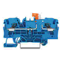 2-conductor disconnect terminal block; with pivoting knife disconnect; with test option; orange disconnect link; with push-button; for DIN-rail 35 x 15 and 35 x 7.5; 4 mm²; Push-in CAGE CLAMP®; 4,00 mm²; blue