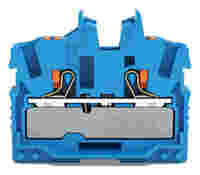 2-conductor miniature through terminal block; with push-button; 2.5 mm²; End terminal block with mounting flange; side and center marking; with test port; Push-in CAGE CLAMP®; 2,50 mm²; blue