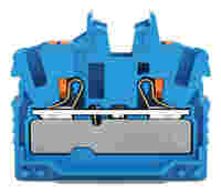 2-conductor miniature through terminal block; with push-button; 2.5 mm²; Center terminal block without snap-in mounting foot, without mounting flange; side and center marking; with test port; Push-in CAGE CLAMP®; 2,50 mm²; blue
