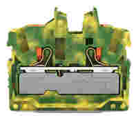 2-conductor miniature through terminal block; with push-button; 2.5 mm²; Center terminal block without snap-in mounting foot, without mounting flange; side and center marking; with test port; Push-in CAGE CLAMP®; 2,50 mm²; green-yellow