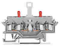 2-conductor disconnect/test terminal block; without pivoting knife disconnect; with touch-proof test sockets; Test socket, red; for DIN-rail 35 x 15 and 35 x 7.5; 2.5 mm²; CAGE CLAMP®; 2,50 mm²; gray