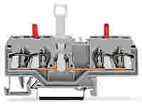 2-conductor disconnect/test terminal block; without pivoting knife disconnect; with touch-proof test sockets; Test socket, red; for DIN-rail 35 x 15 and 35 x 7.5; 2.5 mm²; CAGE CLAMP®; 2,50 mm²; gray