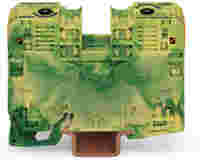 WAGO POWER CAGE CLAMP ground terminal block; DIN 35 x 15 rail mount; 2-conductor; 2 AWG; 16 mm wide; green-yellow