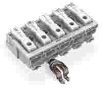 Lighting connector; push-button, external; with angled snap-in ground contact; DA+ DA- L PE N; 5-pole; Lighting side: for solid conductors; Inst. side: for all conductor types; max. 2.5 mm²; Surrounding air temperature: max 85°C (T85); white
